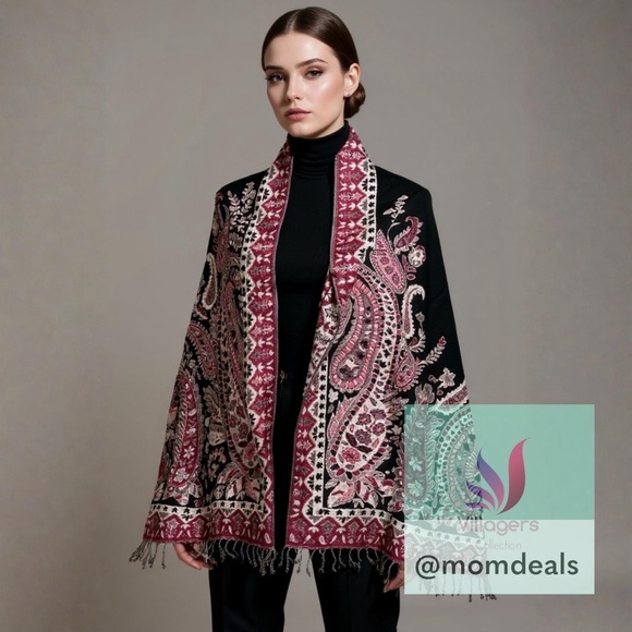 Villagers Collection Accessories - Elegant Large Shawl Wrap Double-sided Super Soft Quality Rayon Silver Black Pink